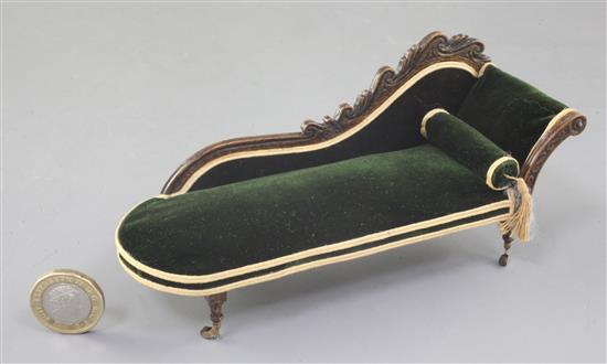 Denis Hillman. A Victorian mahogany miniature scroll end chaise longue, 6.5in.